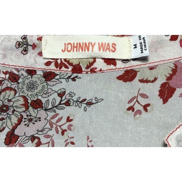 Johnny Was Top Womens Medium 100% Silk Red White Floral Top Buttons Peasant Boho - Picture 3 of 8